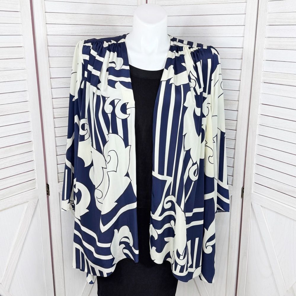 Siasia Vintage Kimono Jacket Women Large Blue White Patterned‎ Cardigan Topper